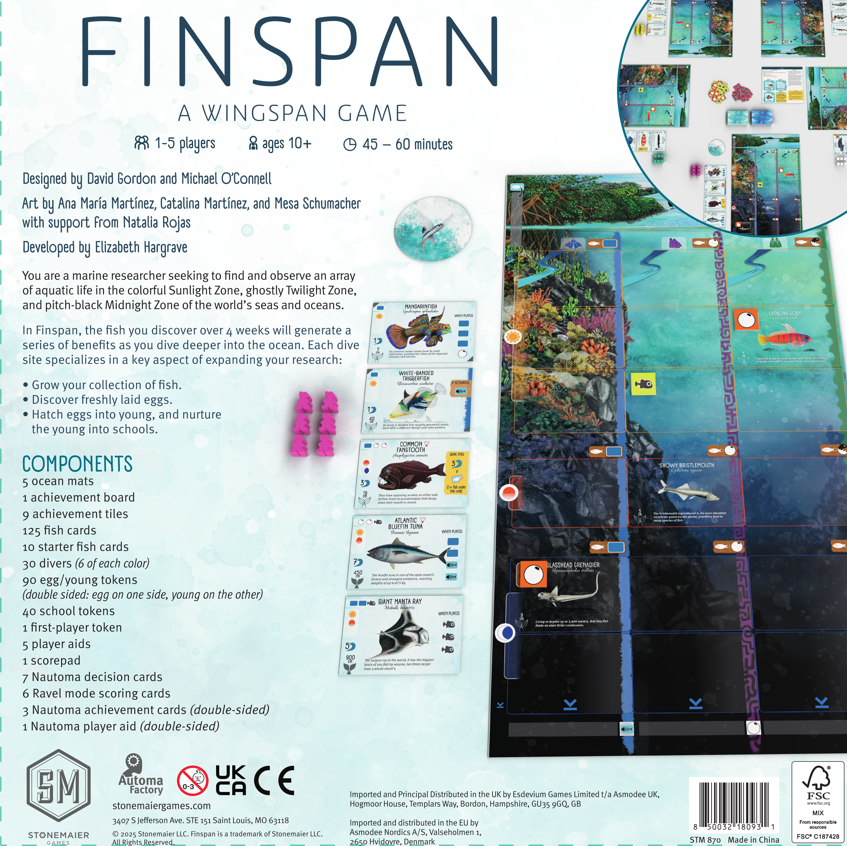 Back of the Finspan box showing game description, components list, sample fish cards, ocean mat, and colorful underwater artwork.