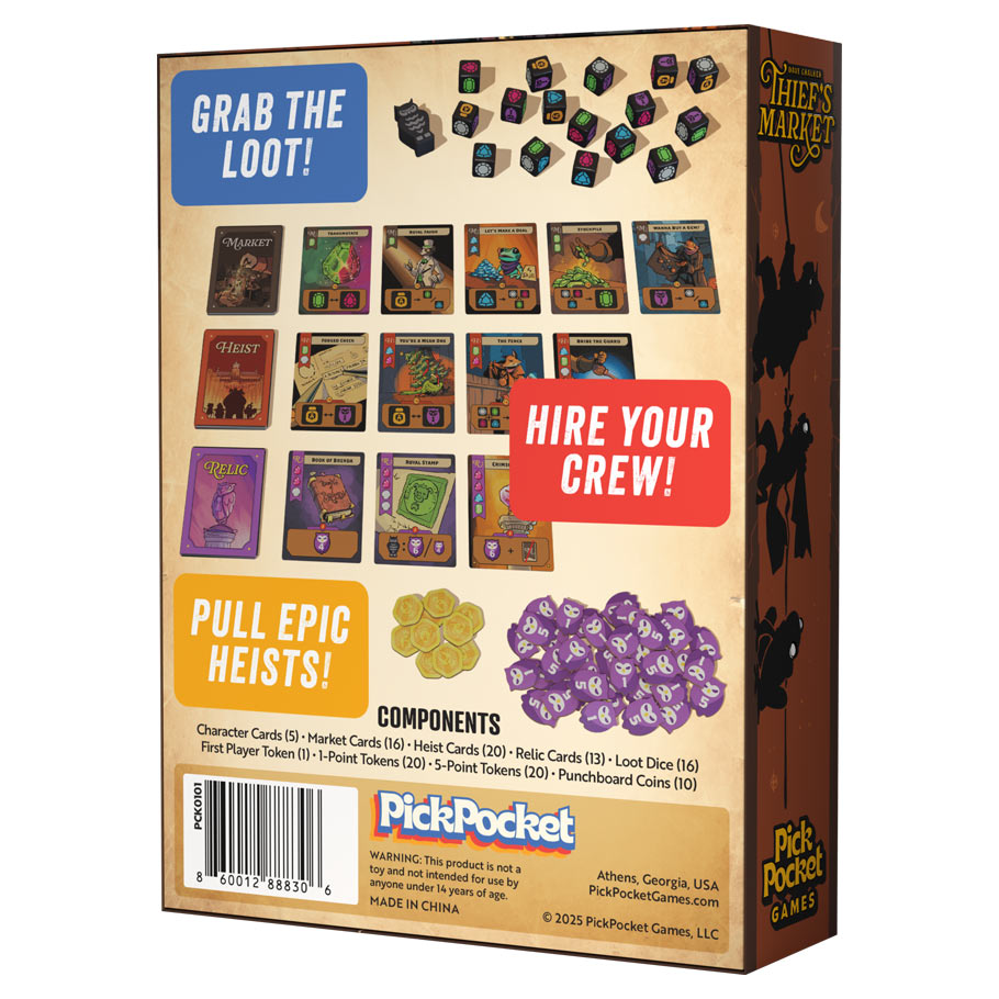 Back of Thief's Market box by PickPocket Games showing card artwork, dice, tokens, and full components list.