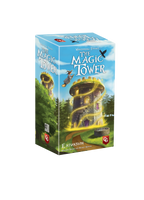 Front and side view of Wandering Towers: The Magic Tower expansion box featuring a glowing stone tower, witch on broomstick, and forest backdrop.