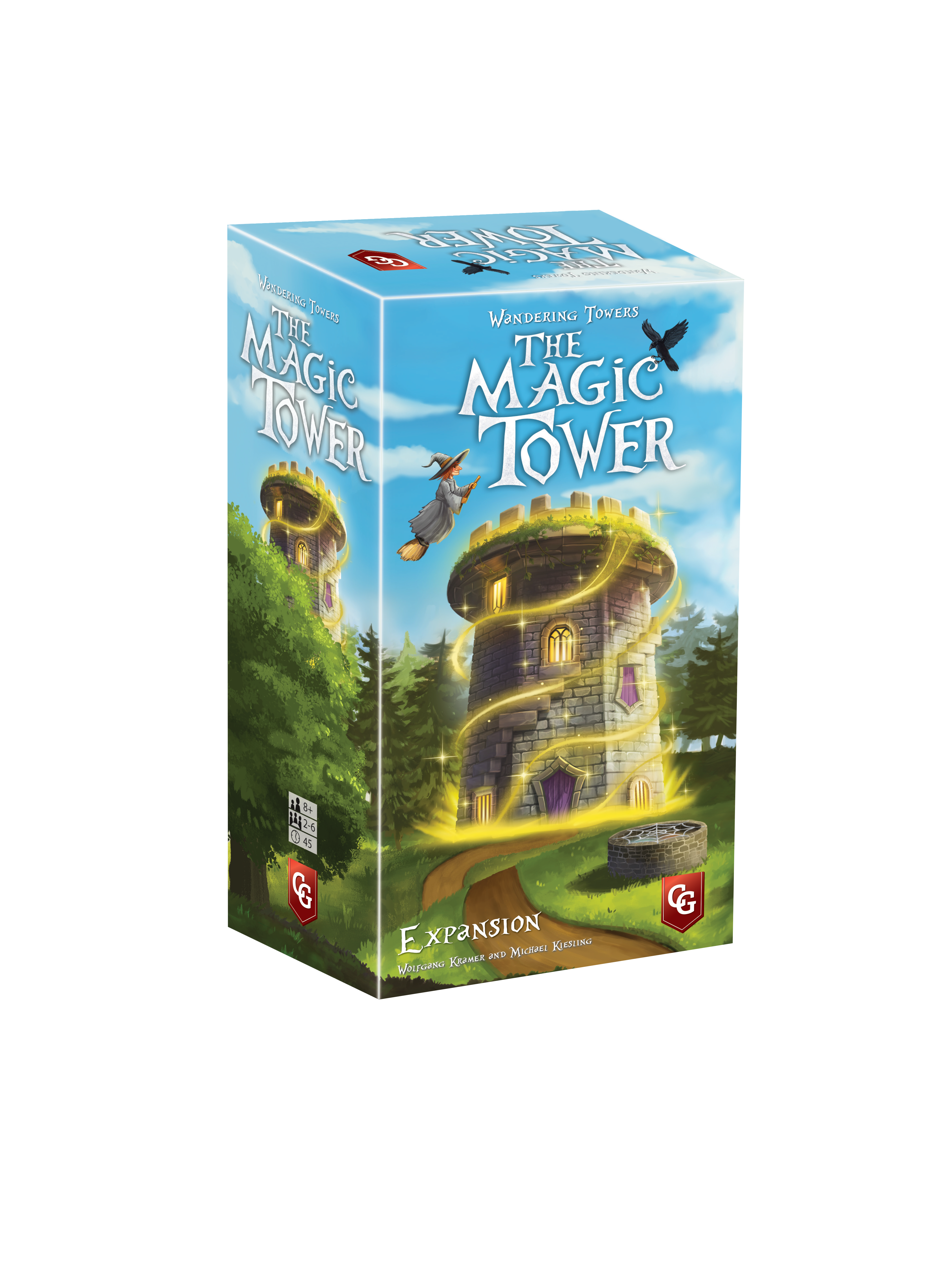 Front and side view of Wandering Towers: The Magic Tower expansion box featuring a glowing stone tower, witch on broomstick, and forest backdrop.