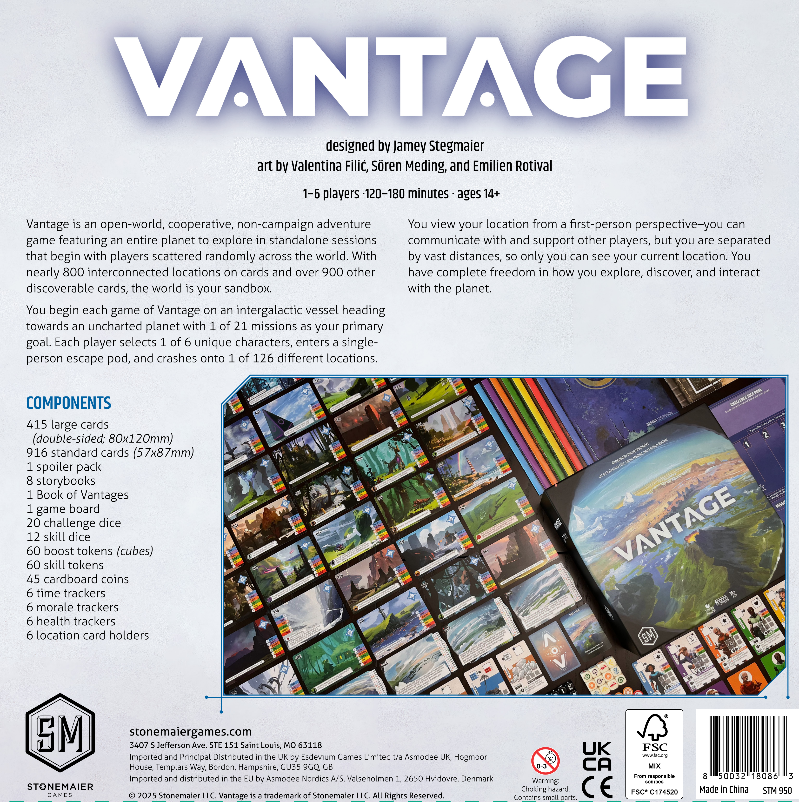 Back of the Vantage board game box by Stonemaier Games, showing components list, game description, and photo of cards and components.