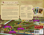 Back of Viticulture Essential Edition box showing components list, game description, gameplay board preview, and player count of 1–6 for ages 14+.