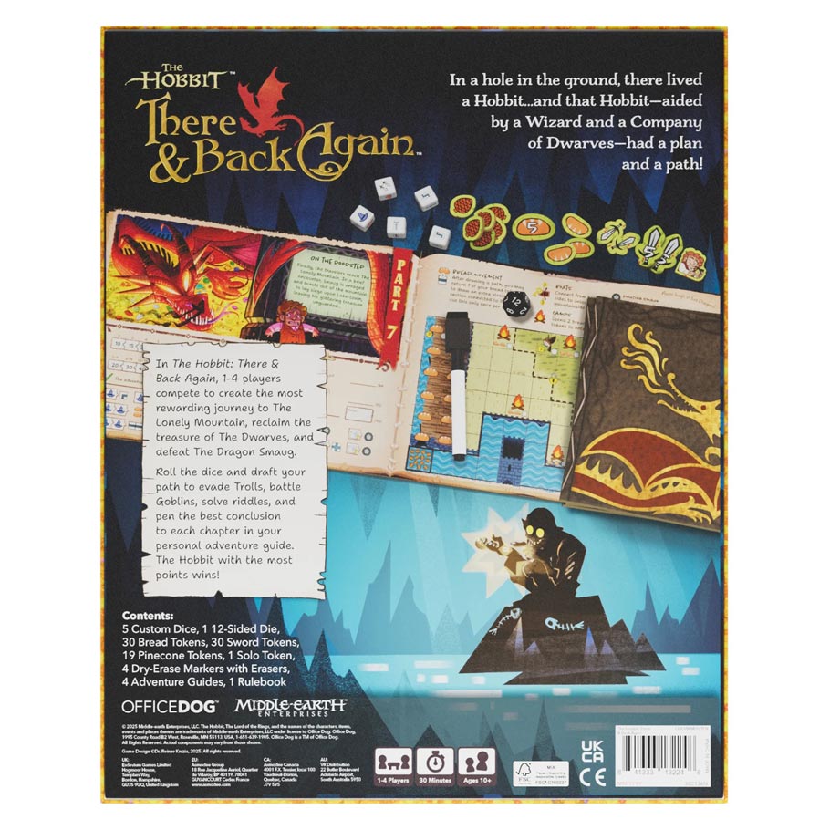 Back of The Hobbit: There & Back Again box showing game description, components list, and gameplay imagery with Smaug and Gollum artwork.
