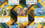 Close-up of Ark Nova Marine Worlds animal cards featuring Coquerel's Sifaka, Golden Snub-Nosed Monkey, and Humphead Wrasse with colorful game board beneath.