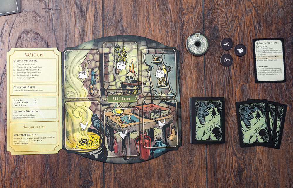 Pagan: Fate of Roanoke Witch player board with illustrated rooms, action cards, tokens, and player aid card on wooden table.