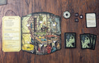 Pagan: Fate of Roanoke Witch player board with illustrated rooms, action cards, tokens, and player aid card on wooden table.