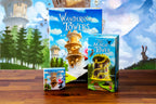 Wandering Towers base game box flanked by The Magic Tower expansion and Spell Pack mini-expansion boxes on a wooden table.